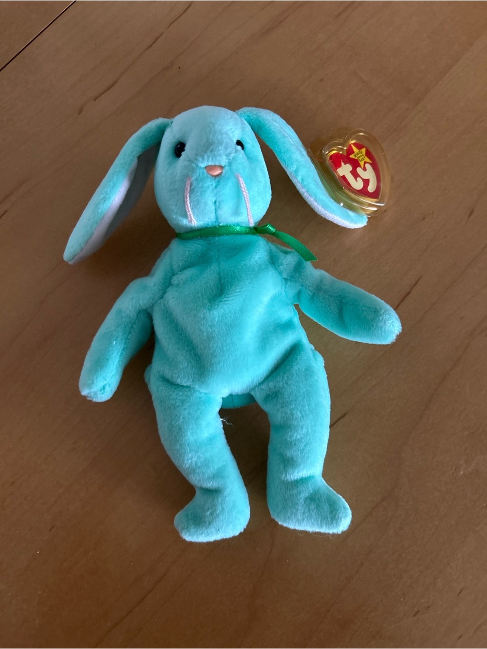 Ty Plush Bunny in Bright Teal with Green Ribbon